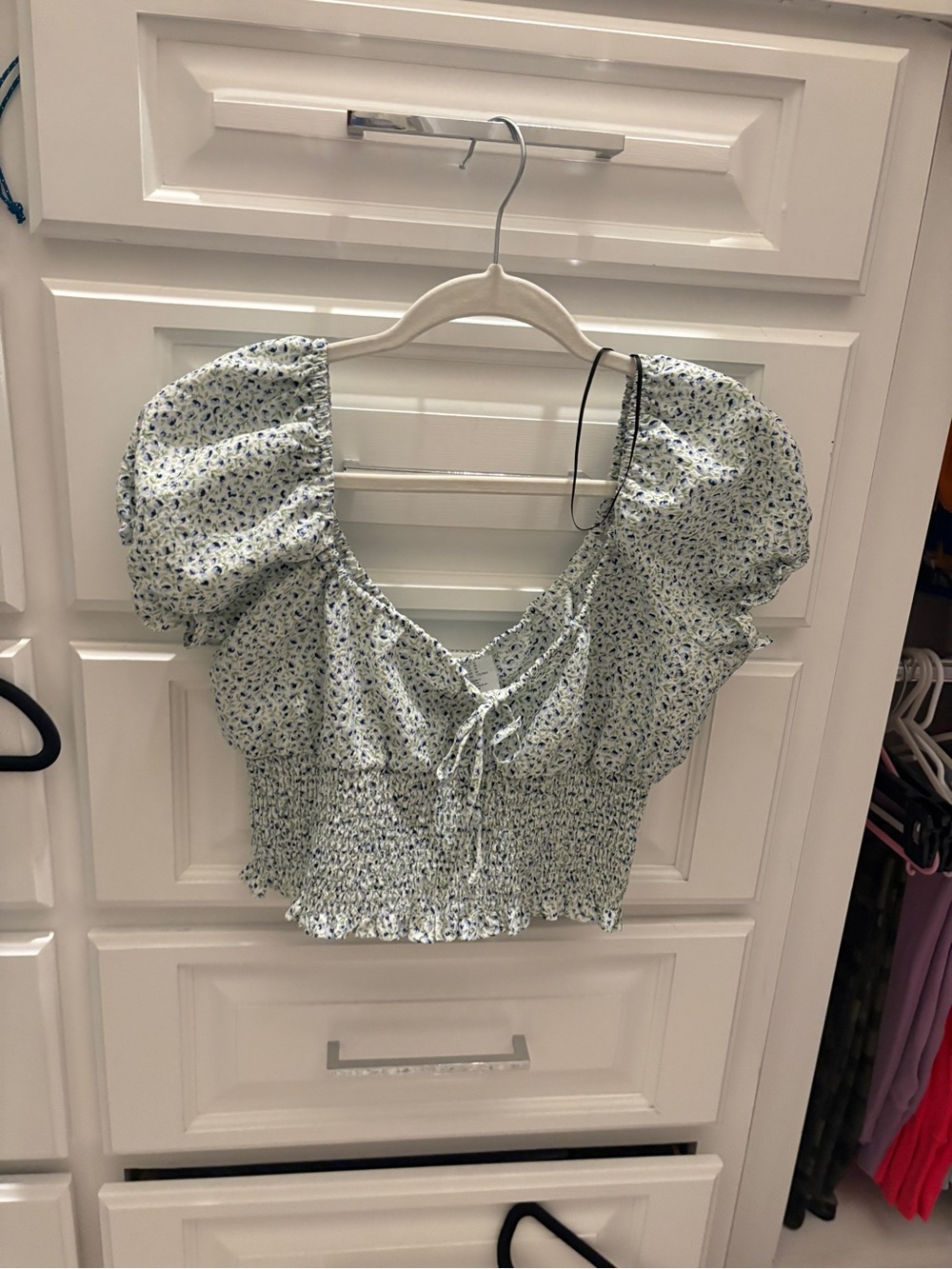 Divided Light Green Floral Puff-Sleeve Smocked Crop Top